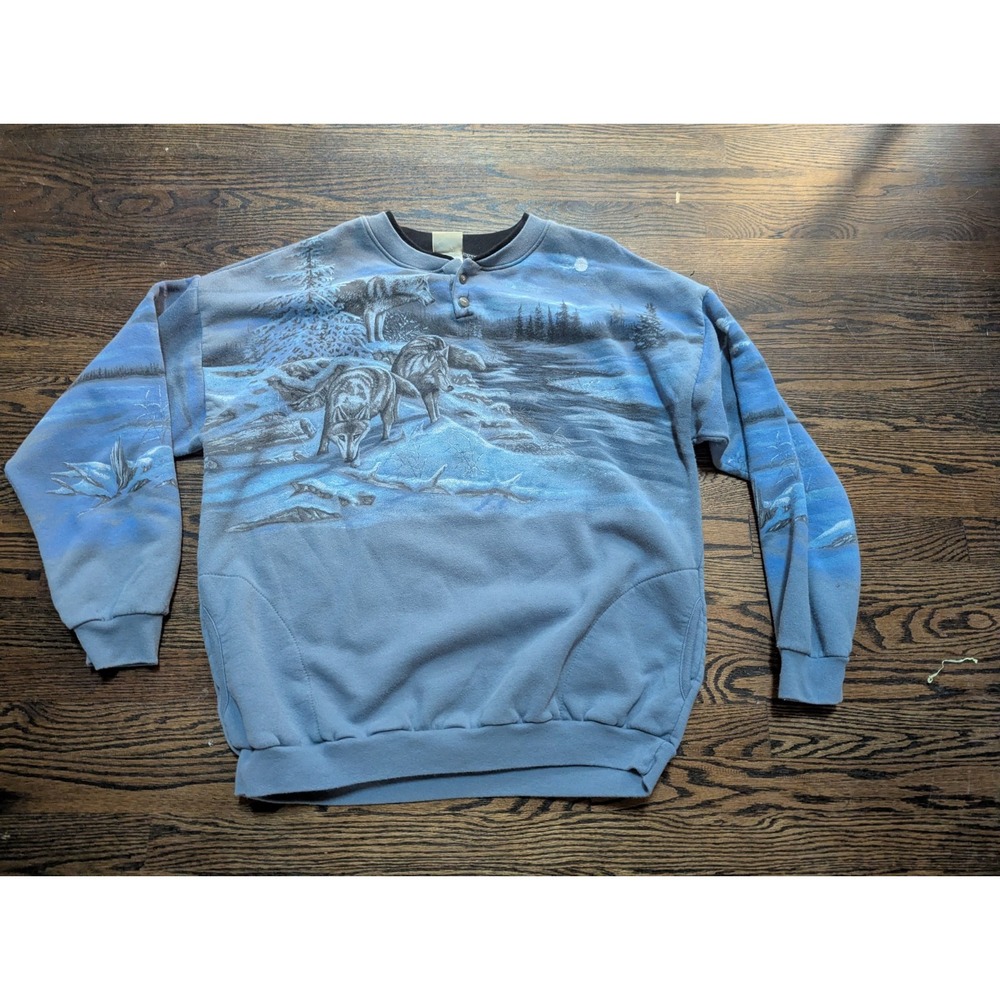 Vintage Artisans Wolf Pack MOON Graphic Sweatshirt Men's XXL Blue Crewneck USA
